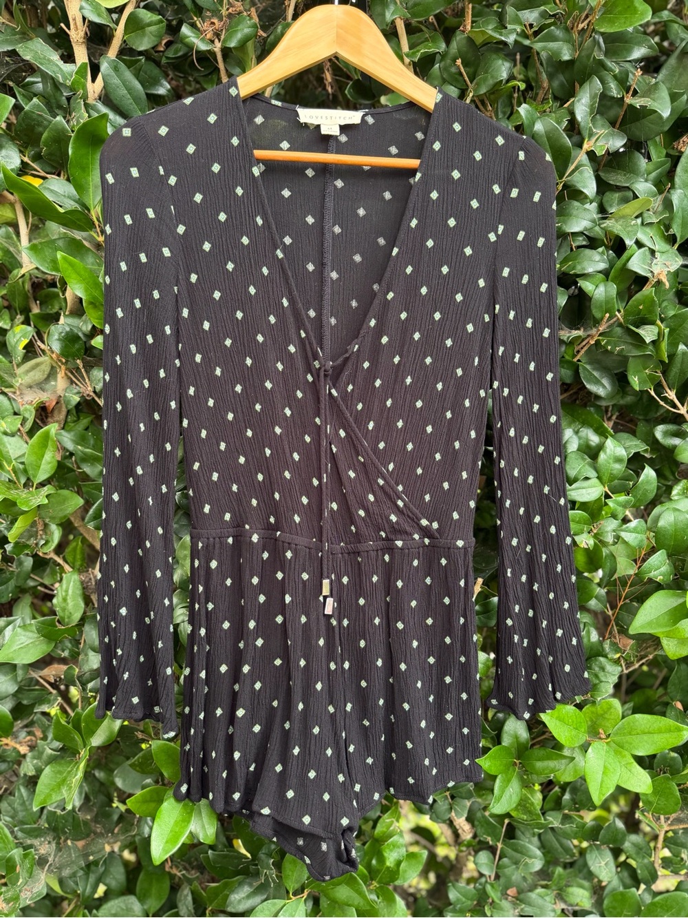 Love Stitch Black Long-Sleeve Surplice Romper with Mint Dot Print